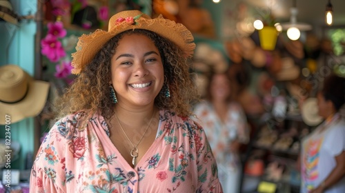 a group of diverse friends, including a plus-size hispanic woman, cheerfully support her as she tries on a new outfit in a boutique promoting body positivity