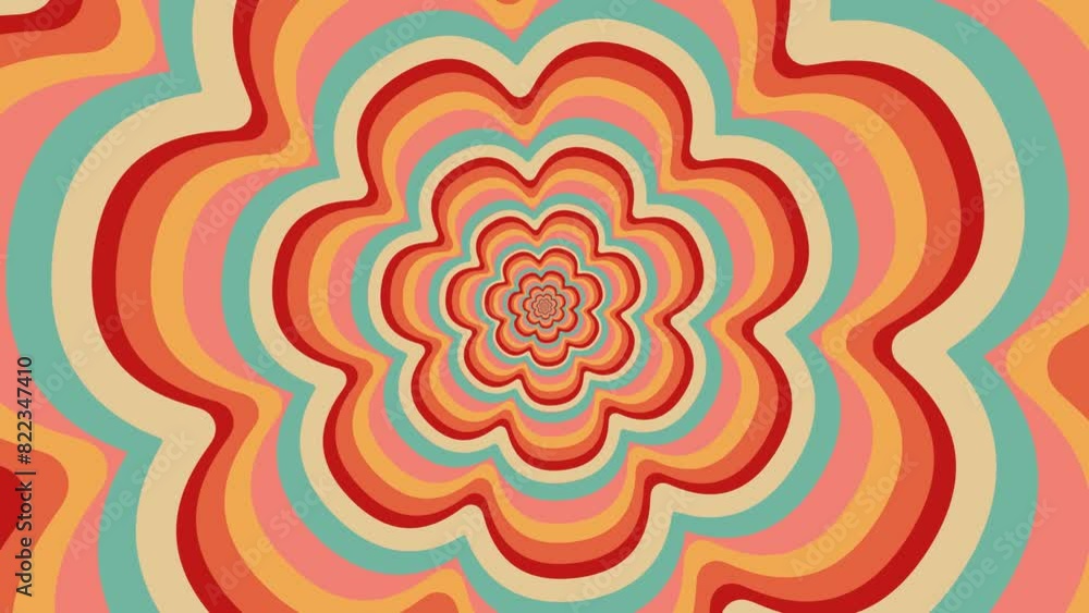 Retro, colorful rotating flower tunnel, groovy, hippie, flat pattern, abstract, cartoon looping background in seventies style.