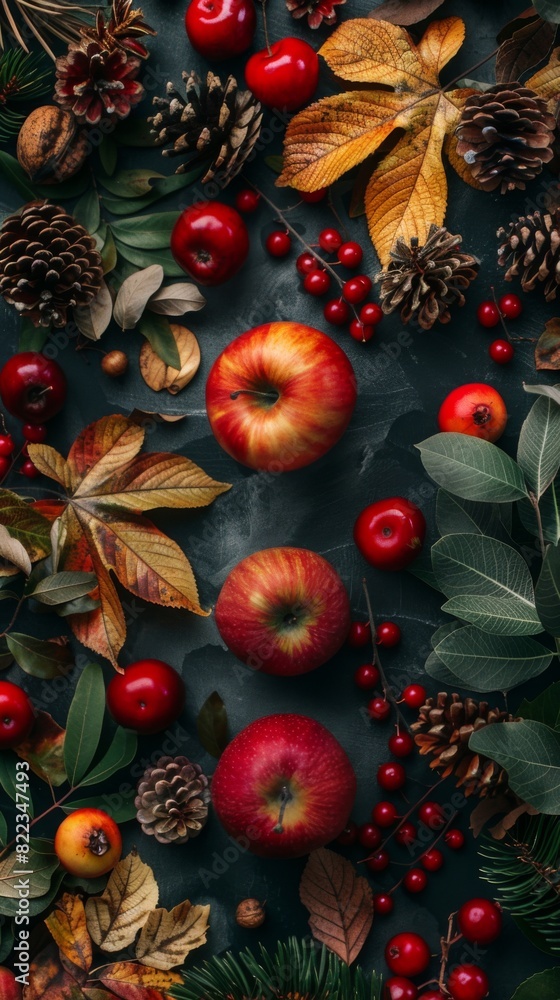 Apples and berries are arranged on a table with pine cones. Food background. Vertical background Apples and berries are arranged on a table with pine cones. Food background. Vertical background