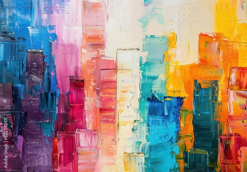 Colorful city skyscrapers abstract artwork with bright orange, yellow, and blue colors in urban travel theme