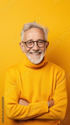 Yellow background Happy european white man grandfather realistic person portrait of young beautiful Smiling old man Isolated on Background Banner © Zickert