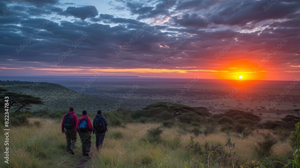 Obraz premium A group of hikers standing in the African wilderness, watching a stunning sunset with dramatic clouds overhead.