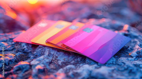 color full credit cards on a minimalistic stone background.Generative AI
