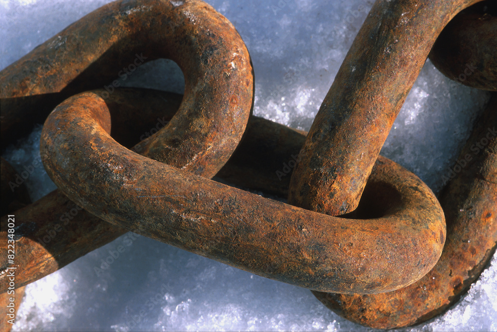 Rusted Heavy Chain Link On Snow Rusted Heavy Chain Link On Snow