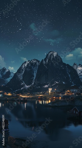 The picture is a real photo of a Nordic mountain town at night.