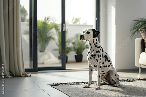 Dalmatian sitting on rug in modern living room with large glass doors and potted plants