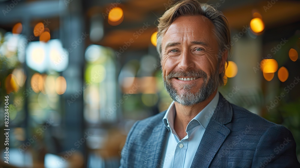 Fototapeta premium happy middle aged business man ceo wearing suit standing in office using digital tablet smiling mature businessman professional executive manager looking away thinking working.image illustration