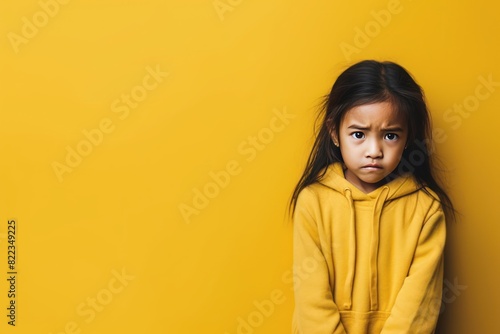 Yellow background sad Asian child Portrait of young beautiful in a bad mood child Isolated on Background, depression anxiety fear burn out health  © Zickert