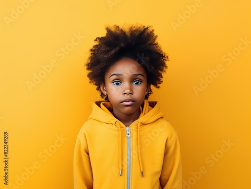 Yellow background sad black American African child Portrait of young beautiful kid Isolated Background racism skin color depression anxiety fear burn out health