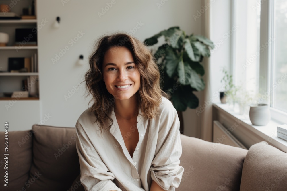 Portrait of a content woman in her 30s smiling at the camera isolated in crisp minimalistic living room Portrait of a content woman in her 30s smiling at the camera isolated in crisp minimalistic living room