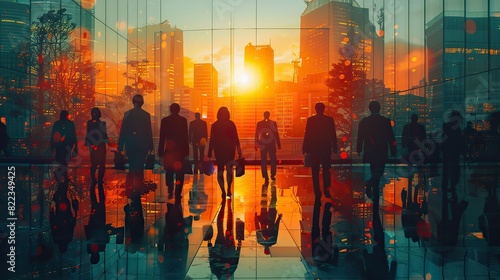 double exposure image of many business people conference group meeting on city office building in background showing partnership success of business deal concept of teamwork with.stock image