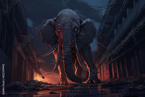 illustration of a scary elephant in a dark alley © Yoshimura