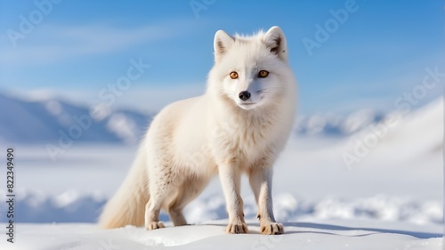 A Majestic White Arctic Fox Standing on a Snow-Covered Landscape, Its Fur Blending Seamlessly with the Pristine Snow Under a Clear Blue Sky.