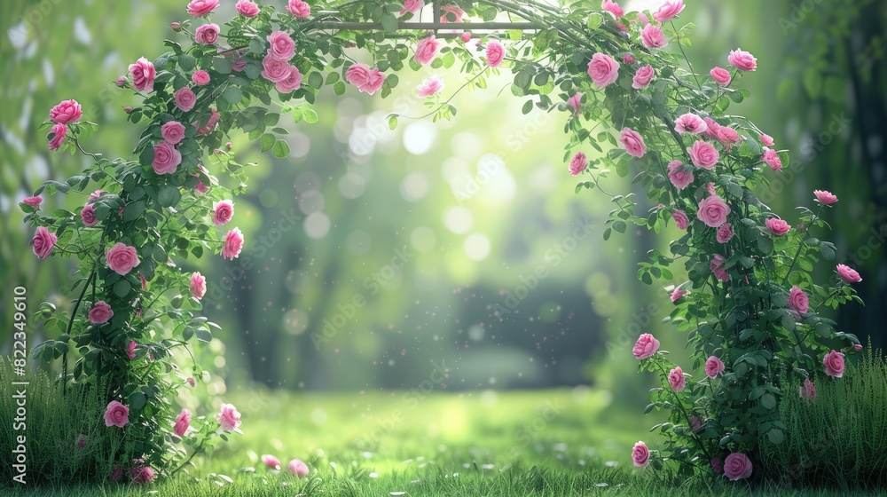 Beautiful rose arbor in an English garden with pink roses, a blue sky ...