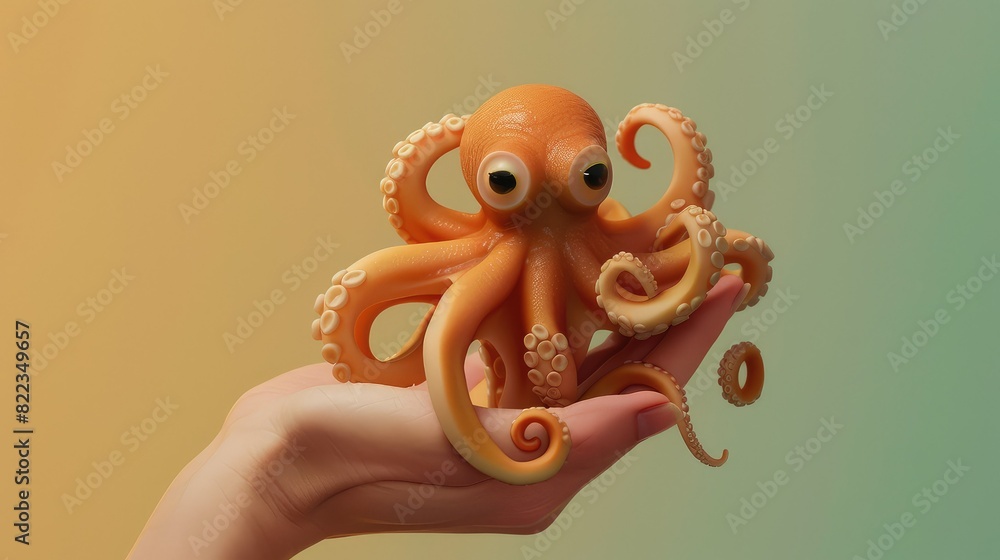 Cute octopus sits on a human hand, 3d render.