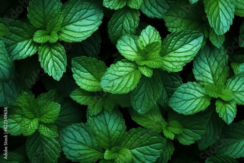 Top view of verdant fresh mint leaves creating a natural green textured background © juliars