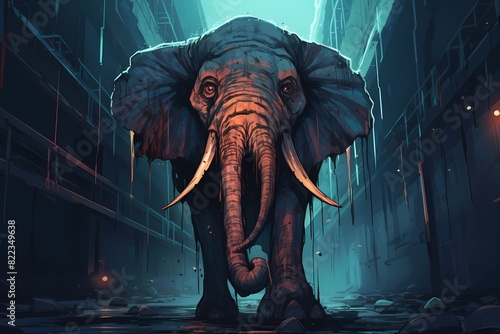 illustration of a scary elephant in a dark alley