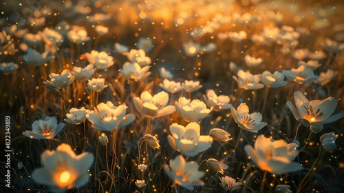 Glowing flowers in a field at sunset. photo