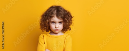 Yellow background sad European white child realistic person portrait of young beautiful bad mood expression child Isolated on Background depression anxiety fear 