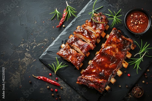 Barbecue ribs with sauce and spices on a black slate plate, a top view food background