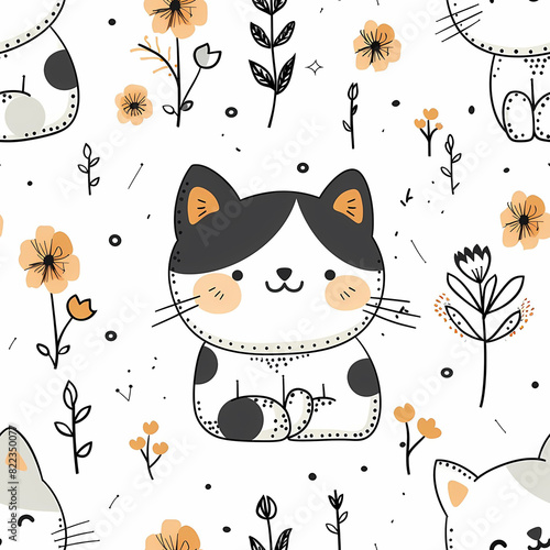 Cute seamless pattern with cartoon cats and flowers, ideal for fabric, wallpaper, and wrapping paper.