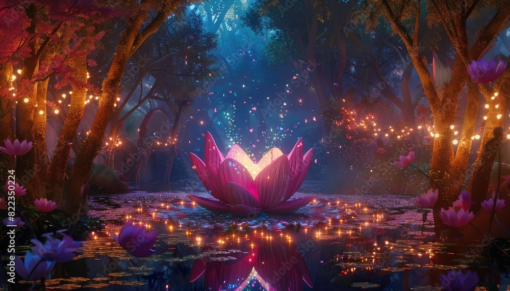 Mystical glowing pink flower in the middle of a pond surrounded by a lush forest at night.