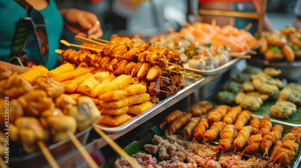 A vibrant display of diverse street foods including twisted potatoes, fried snacks, and seafood at an outdoor market.