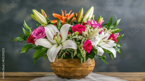 Wallpaper Mural Flowers in an old vase, including roses and lilies, arranged elegantly on a table with soft lighting, set against a dark gray velvet background creating a moody atmosphere. Torontodigital.ca