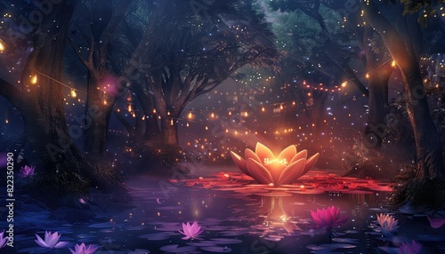 Mystical scenery of a pond in a dense forest with a glowing flower in the center and fireflies flying around. photo
