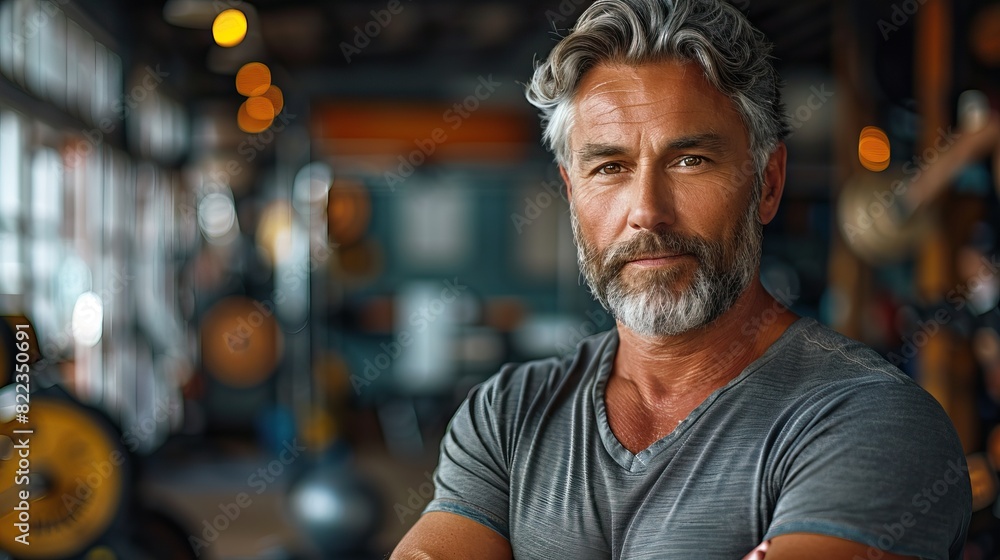 Portrait of muscular fitness trainer standing in a gym and looking at the camera. Portrait of muscular fitness trainer standing in a gym and looking at the camera.