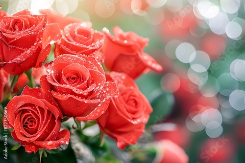 Close up of vibrant red roses with morning dew set against a dreamy bokeh background