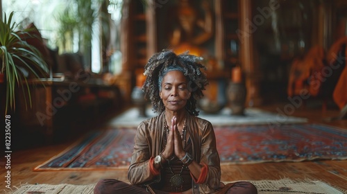 Portrait of multicultural senior yogi woman sitting in lotus positing at her home and praying while meditating.
