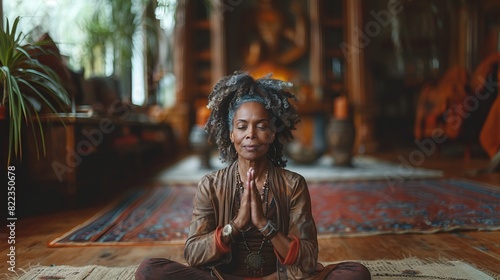 Portrait of multicultural senior yogi woman sitting in lotus positing at her home and praying while meditating. photo