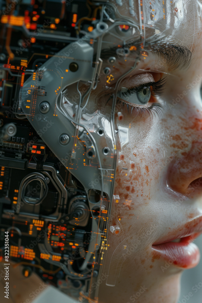 Artistic collage of a face merging with a robotic counterpart, exploring the concept of human-machine symbiosis, Artistic collage of a face merging with a robotic counterpart, exploring the concept of human-machine symbiosis,
