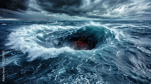 A dark hole in the middle of an ocean with large waves and stormy weather, a surrealistic photograph photo