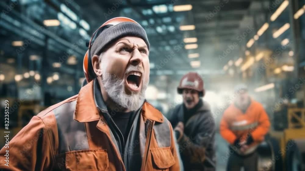 Angry factory worker yelling in an industrial setting. The bearded man in safety gear, including a helmet and protective clothing, is expressing frustration while other workers Angry factory worker yelling in an industrial setting. The bearded man in safety gear, including a helmet and protective clothing, is expressing frustration while other workers