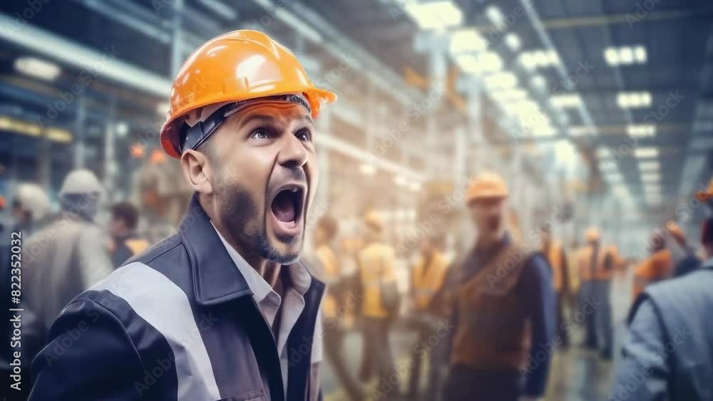 Construction worker shouting on a busy worksite. The man in an orange safety helmet and protective clothing looks very angry and frustrated. The background other workers and industrial activity. Construction worker shouting on a busy worksite. The man in an orange safety helmet and protective clothing looks very angry and frustrated. The background other workers and industrial activity.