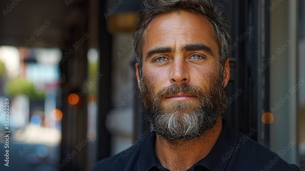 Obraz premium serious looking bearded man wearing black polo shirt.image illustration