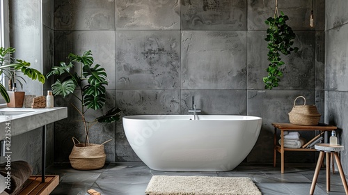 a modern bathroom interior showcases a bathtub and accessories against a grey wall  embodying a minimalist home decor concept.