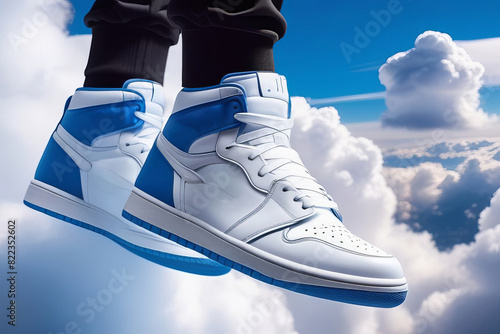 A pair of blue and white high-top sneakers floating among the clouds. The scene emphasizes lightness, comfort, and a sense of freedom associated with the footwear photo