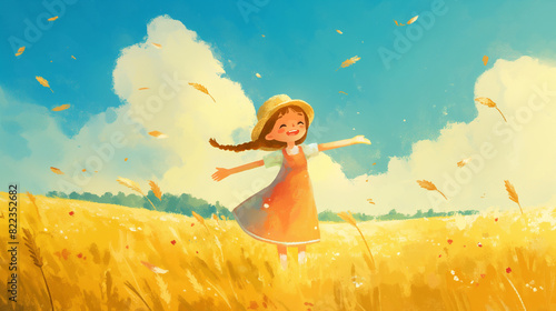Garota feliz sorrindo no campo - Ilustração infantil fofa, delicada e alegre - arte colorida