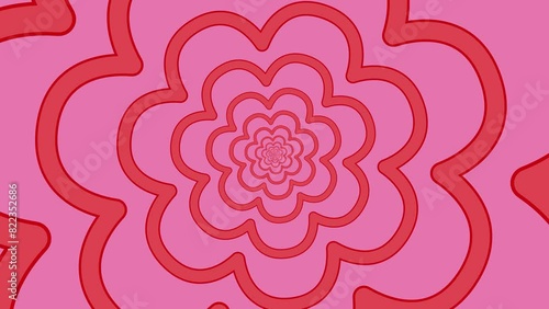 Pink retro, colorful rotating flowers tunnel, groovy, hippie, flat, abstract, cartoon looping background.