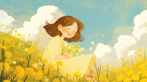 Garota feliz sorrindo no campo - Ilustração infantil fofa, delicada e alegre - arte colorida