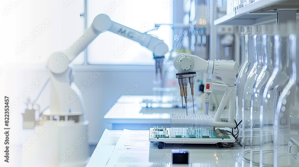 An industrial robot arm operates within an AI-inspired manufacturing facility, surrounded by modern technology and microchips on the assembly line, all against a white color theme. An industrial robot arm operates within an AI-inspired manufacturing facility, surrounded by modern technology and microchips on the assembly line, all against a white color theme.
