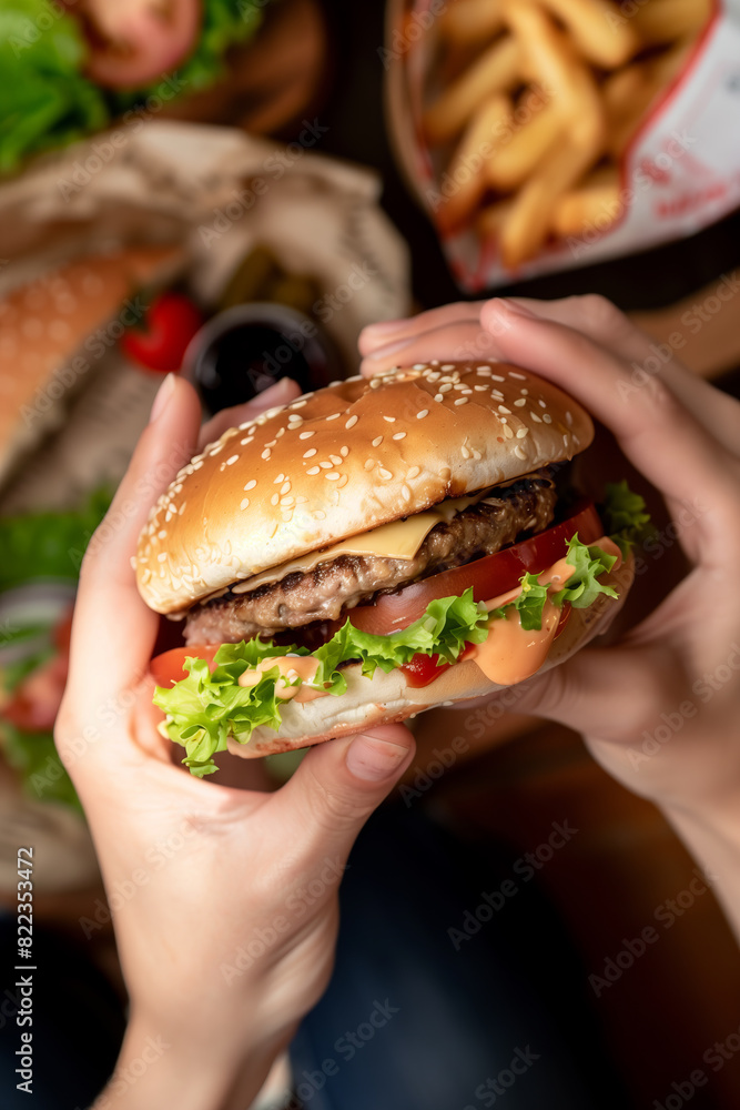 Close-Up of Hands Holding a Fresh Cheeseburger Close-Up of Hands Holding a Fresh Cheeseburger