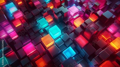 Abstract colorful cubic landscape with glowing edges