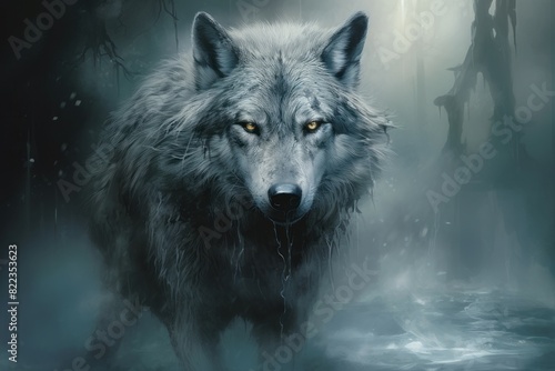 Artistic rendering of a powerful grey wolf with intense eyes in a mystical foggy woodland