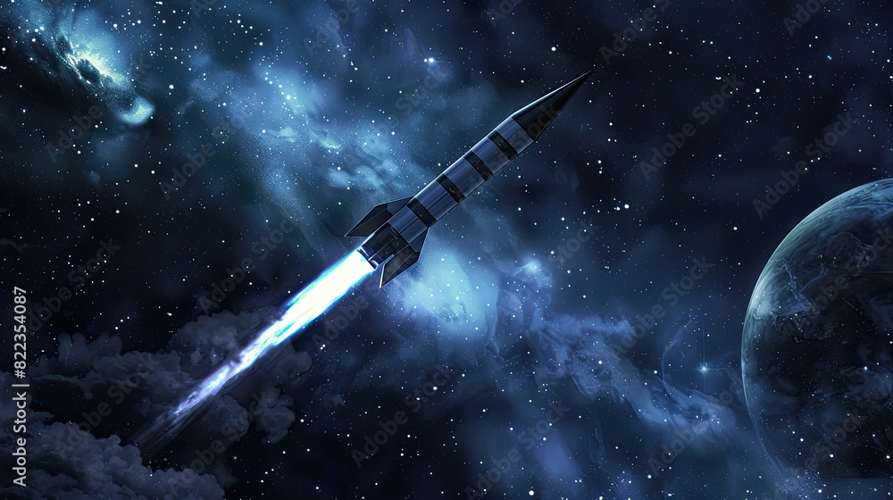 A space rocket launch illuminates the dark blue sky with smoke and stars in the background, capturing the awe-inspiring moment of exploration and discovery. A space rocket launch illuminates the dark blue sky with smoke and stars in the background, capturing the awe-inspiring moment of exploration and discovery.