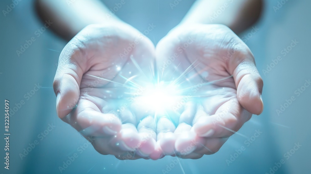 A hand is holding a glowing light in a dark blue background A hand is holding a glowing light in a dark blue background