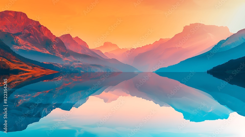 Obraz premium Serene Minimalist Landscape: Double Exposure Silhouette of Mountains and Lake with Copy Space and Bright Colors